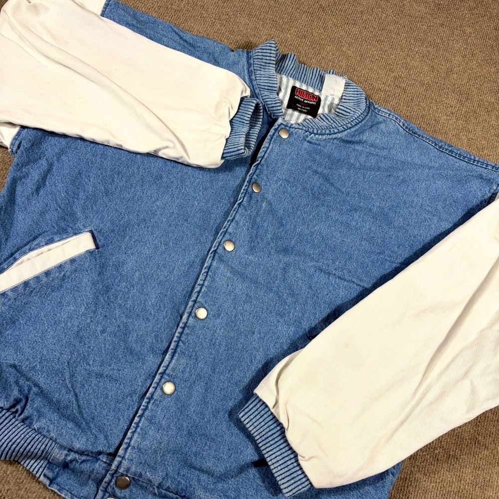 Vintage Hilton Bomber Jacket Mens Large Blue Denim Cotton Cozy Warm Outdoor Y2K
